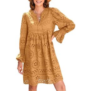 Dokotoo Womens 2024 Casual Dress Tassel V Neck Long Sleeve A Line Hollow Out Lace Ruffle Party Dresses