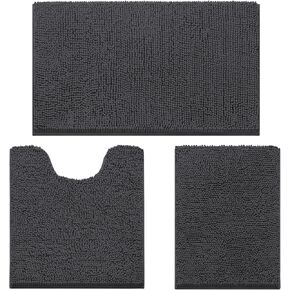 HOMEIDEAS 3 Pieces Bathroom Rugs, Ultra Soft Non Slip Absorbent Chenille Toilet Bath Mat Set (Charcoal/Dark Grey)