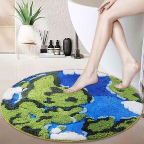 Round Green Moss Bathroom Rugs Non Slip, Modern Cute Aesthetic Funky Microfiber Shaggy Tufted Circle Moss Bath Mat for Living Room Bedroom, Soft and Absorbent, Machine Washable, 40x40 Inch