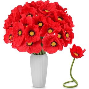 Censen 42 Pcs Artificial Poppy Flowers Bulk Veterans Day PU Silk Poppy Flowers 11 Inch Poppy Anemone Stems Artificial Flowers for Table Centerpiece Home Veterans Bouquet Decor (red, Yellow)