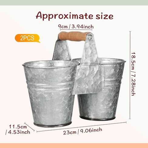 maxcheck 2 جهاز كمبيوتر شخصى صغير خمر دلو المجلفن مع مقبض خشبي العتيقة المعادن دلو مزدوج ريفي داخلي سطل معدني للمزرعة المنزل مكتب الحمام المطبخ عيد ميلاد الزفاف زهرة عصاري in Kuwait