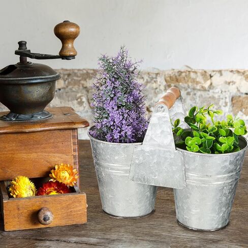 maxcheck 2 جهاز كمبيوتر شخصى صغير خمر دلو المجلفن مع مقبض خشبي العتيقة المعادن دلو مزدوج ريفي داخلي سطل معدني للمزرعة المنزل مكتب الحمام المطبخ عيد ميلاد الزفاف زهرة عصاري in Kuwait