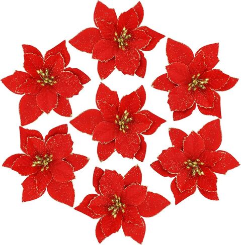 36pcs Nydotd بريق البونسيتة زخرفة شجرة عيد الميلاد، زهور البونسيتة الاصطناعية الزخرفية الزهور الاصطناعية لشجرة عيد الميلاد زينة الزفاف اكاليل شجرة عيد الميلاد (الأحمر) in Kuwait
