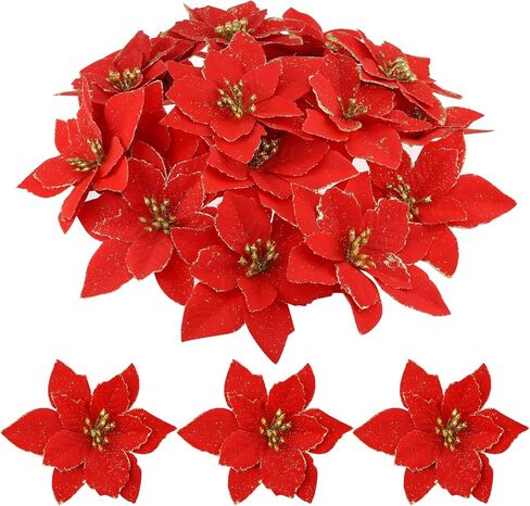 36pcs Nydotd بريق البونسيتة زخرفة شجرة عيد الميلاد، زهور البونسيتة الاصطناعية الزخرفية الزهور الاصطناعية لشجرة عيد الميلاد زينة الزفاف اكاليل شجرة عيد الميلاد (الأحمر) in Kuwait