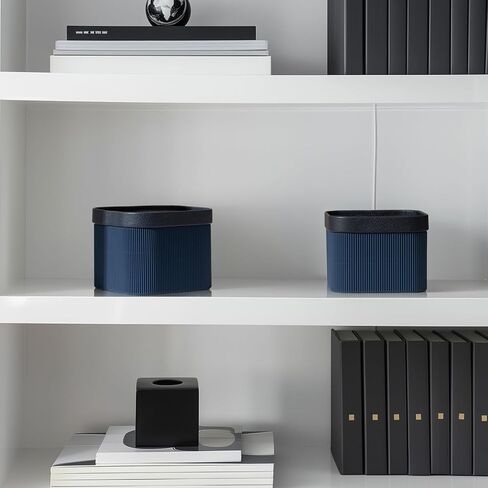 Fluted Cardboard Storage Baskets with Leather-Like Lids, Sturdy Stackable Paper Cube Boxes Decorative Tray, Basket Organizer Bins for Bathroom Bedroom Organizing, Navy Blue, Set of 2 in Saudi Arabia