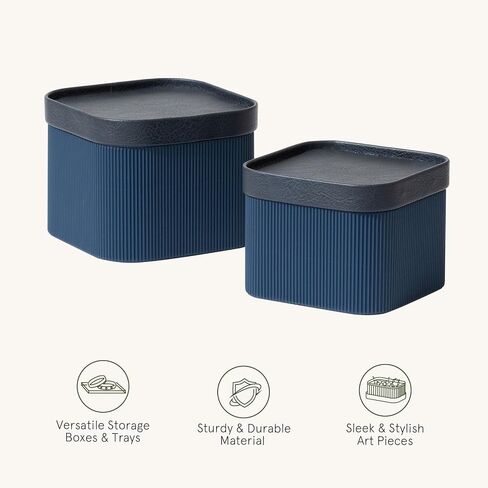 Fluted Cardboard Storage Baskets with Leather-Like Lids, Sturdy Stackable Paper Cube Boxes Decorative Tray, Basket Organizer Bins for Bathroom Bedroom Organizing, Navy Blue, Set of 2 in Saudi Arabia