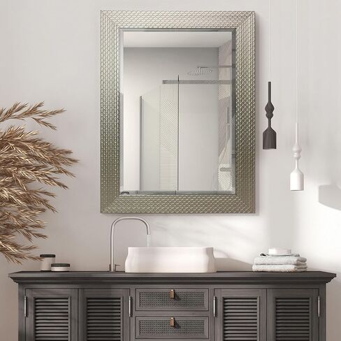 Head West Champagne Honeycomb Embossed Beveled Framed Wall Mount Vanity Mirror, Accent Decorative Mirror for Wall Decor, Modern Bathroom Mirrors for Over Sink, Bedroom Living Room Entryway 25.5"x31.5" in Kuwait