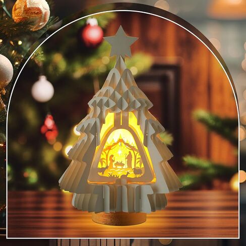 مجموعة المهد تضيء مشهد عيد الميلاد للديكور الداخلي مع ضوء LED لورق الطاولة على شكل شجرة عيد الميلاد على شكل عيد الميلاد يسوع، هدايا مسيحية دينية لديكور رف الطاولة in Kuwait