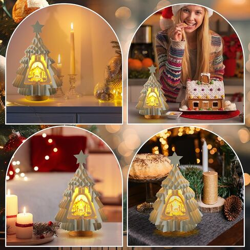 مجموعة المهد تضيء مشهد عيد الميلاد للديكور الداخلي مع ضوء LED لورق الطاولة على شكل شجرة عيد الميلاد على شكل عيد الميلاد يسوع، هدايا مسيحية دينية لديكور رف الطاولة in Kuwait