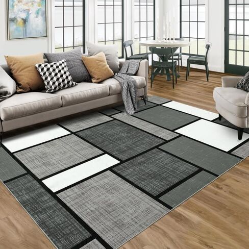 سجادة منطقة COZYLOOM مقاس 8 × 10 صناديق حديثة سجادة كبيرة غير قابلة للانزلاق سجادة منخفضة الوبر رفيعة للغاية وغطاء للأرضية الداخلية سجادة قابلة للغسل لغرفة المعيشة وغرفة الطعام، رمادي داكن in Kuwait