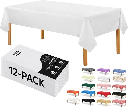 Utopia Kitchen Plastic Table Cloth Disposable (12 Pack - 54x108 Inch) White Rectangle Tablecloth Waterproof Stain Resistant Party Table Cover in Kuwait