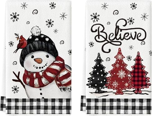 Artoid Mode Black Red Xmas Tree Snowman Christmas Kitchen Towels Dish Towels, 18x26 Inch Holiday Bird Believe Winter Decoration Hand Towels Set of 2 in Saudi Arabia