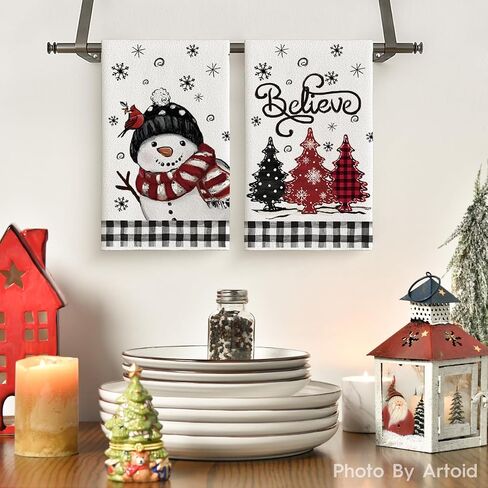Artoid Mode Black Red Xmas Tree Snowman Christmas Kitchen Towels Dish Towels, 18x26 Inch Holiday Bird Believe Winter Decoration Hand Towels Set of 2 in Saudi Arabia