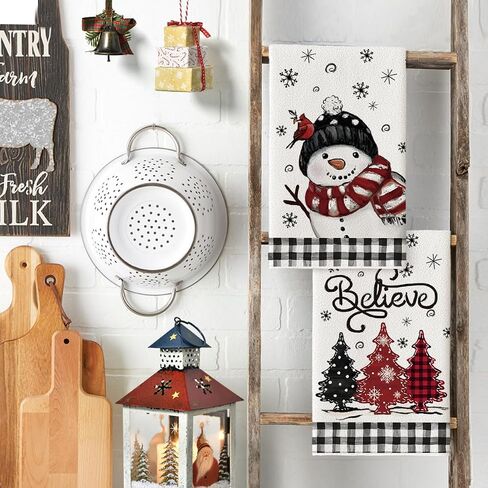 Artoid Mode Black Red Xmas Tree Snowman Christmas Kitchen Towels Dish Towels, 18x26 Inch Holiday Bird Believe Winter Decoration Hand Towels Set of 2 in Saudi Arabia