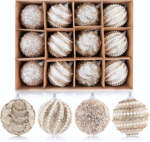 Glitter Christmas Balls Ornaments for Tree - Champagne Christmas Ornaments for Indoor Decorations - Shatterproof Foam Xmas Bulbs for Holiday Party Decor 80mm 3.15inch, Pack of 12 in Saudi Arabia