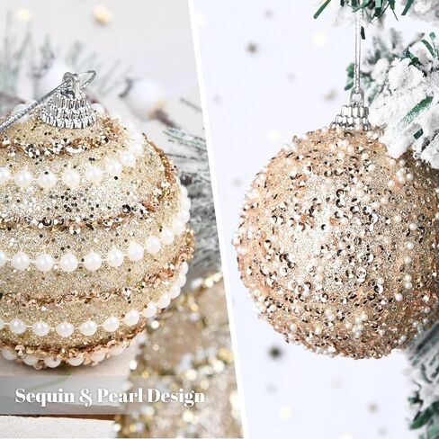 Glitter Christmas Balls Ornaments for Tree - Champagne Christmas Ornaments for Indoor Decorations - Shatterproof Foam Xmas Bulbs for Holiday Party Decor 80mm 3.15inch, Pack of 12 in Saudi Arabia