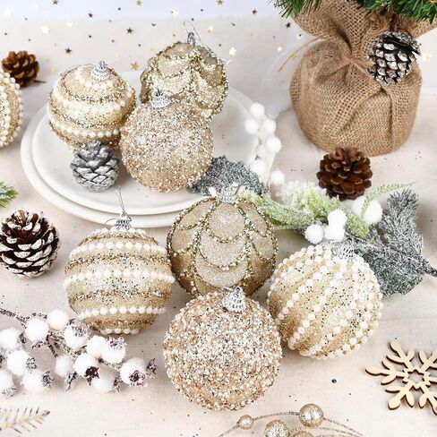 Glitter Christmas Balls Ornaments for Tree - Champagne Christmas Ornaments for Indoor Decorations - Shatterproof Foam Xmas Bulbs for Holiday Party Decor 80mm 3.15inch, Pack of 12 in Saudi Arabia