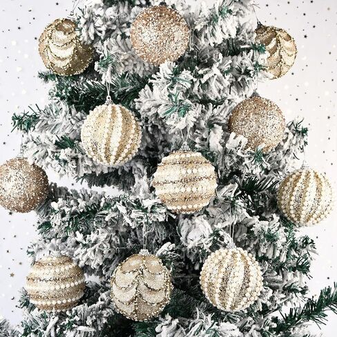 Glitter Christmas Balls Ornaments for Tree - Champagne Christmas Ornaments for Indoor Decorations - Shatterproof Foam Xmas Bulbs for Holiday Party Decor 80mm 3.15inch, Pack of 12 in Saudi Arabia