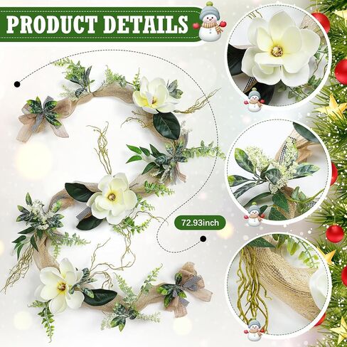 70.87 Inch Christmas Large Magnolia Garland Artificial Magnolia Christmas Garland with Flowers and Leaves for Outdoor Indoor Holiday Mantel Table Fireplaces Tree Party Decorations in Saudi Arabia