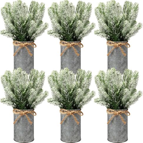 Tioncy 6 Set Christmas Table Centerpieces Floral Arrangement Artificial Plants with Pots Christmas Farmhouse Decorations Faux Rustic Snow Pine Galvanized Decor for Home Room(Vintage) in Kuwait