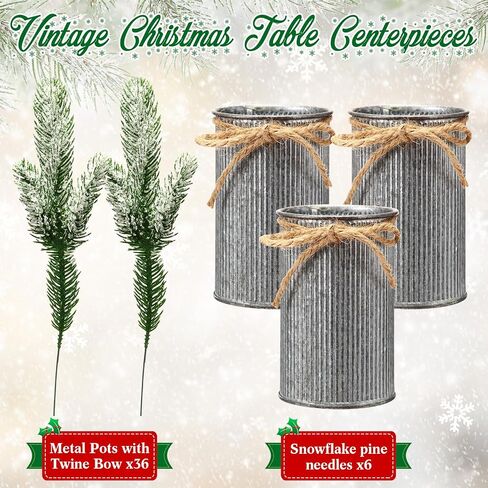 Tioncy 6 Set Christmas Table Centerpieces Floral Arrangement Artificial Plants with Pots Christmas Farmhouse Decorations Faux Rustic Snow Pine Galvanized Decor for Home Room(Vintage) in Kuwait
