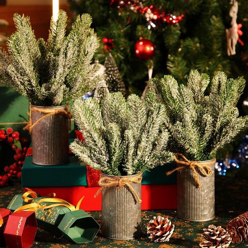 Tioncy 6 Set Christmas Table Centerpieces Floral Arrangement Artificial Plants with Pots Christmas Farmhouse Decorations Faux Rustic Snow Pine Galvanized Decor for Home Room(Vintage) in Kuwait