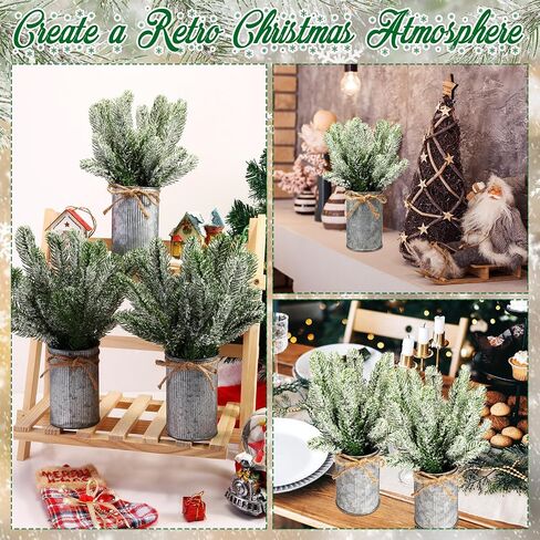 Tioncy 6 Set Christmas Table Centerpieces Floral Arrangement Artificial Plants with Pots Christmas Farmhouse Decorations Faux Rustic Snow Pine Galvanized Decor for Home Room(Vintage) in Kuwait