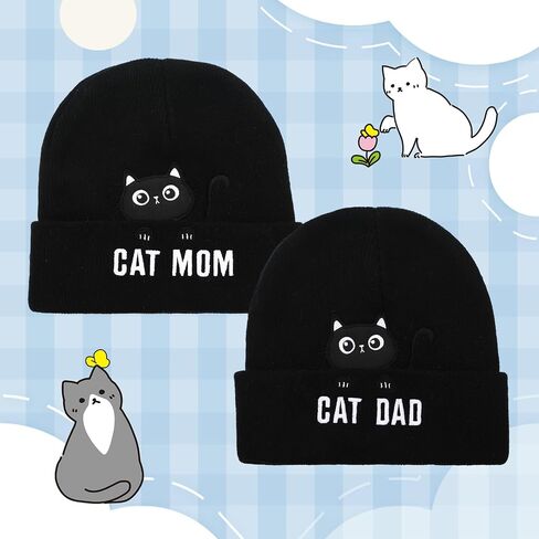 Geyoga 2 Pcs Christmas Cat Beanie for Women Cat Lover Gifts Cat Mom Beanie Hats Winter Knitted Dad Hat for Women Men in Saudi Arabia