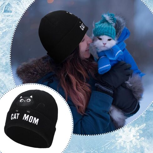 Geyoga 2 Pcs Christmas Cat Beanie for Women Cat Lover Gifts Cat Mom Beanie Hats Winter Knitted Dad Hat for Women Men in Saudi Arabia