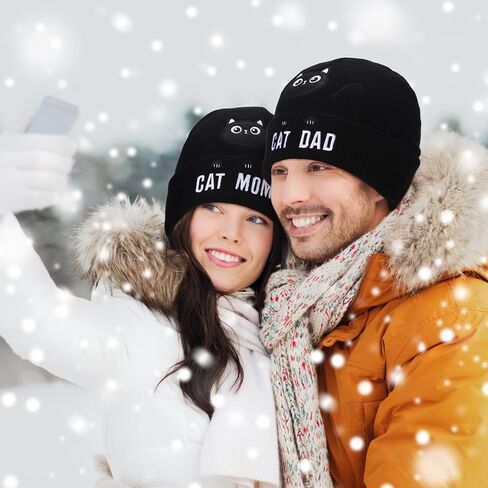 Geyoga 2 Pcs Christmas Cat Beanie for Women Cat Lover Gifts Cat Mom Beanie Hats Winter Knitted Dad Hat for Women Men in Saudi Arabia