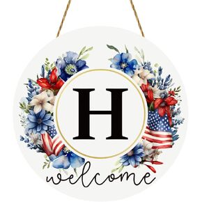 4th of July Monogram Letter C Floral Patriotic Wreath Memorial Independence Day Red and Blue Flower Welcome Sign for Front Door Wooden Family Last Name Initial Wall Decor for Indoor Outdoor Home Decor