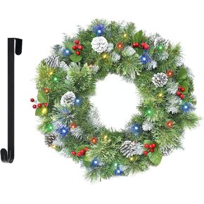 Christmas Wreaths for Front Door 24In - Light Up Artificial Christmas Wreath with 40 LEDs 8 Models Light, Timer, Hanger, Battery Operated Christmas Wreath for Mantel Wall Windows Xmas Decoration
