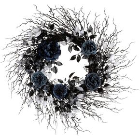 National Tree Company Artificial Deadwood and Roses Halloween Wreath, Black, 24 inch