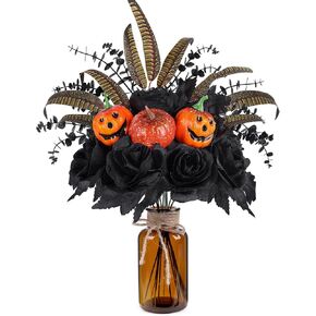 Halloween Artificial Flowers Decorations,Fake Black Roses Eucalyptus Pumpkins with Vase Arrangements Halloween Table Centerpiece for Kitchen Dining Living Room Home Indoor Decor