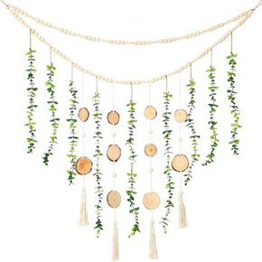 Jetec Hanging Eucalyptus Boho Wall Decor 36 x 36 Boho Wall Hanging Wooden Bead Garland Artificial Greenery Leaves Stems Rustic Eucalyptus Garland Natural Greenery Decoration for Bedroom Living Room