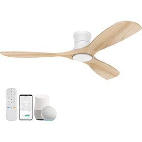 52" Wood Smart Flush Mount Ceiling Fans with Lights and Remote,Quiet DC Motor,Outdoor Indoor Ultra Low Profile Ceiling Fan works with Alexa WIFI APP,Modern White Ceiling Fan for Bedroom Patio