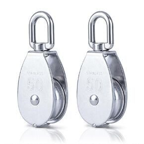 2 Pack M50 Single Pulley Blocks, Stainless Steel Pulley System Roller Loading 881Lbs,Wheel Swivel Rigging Lifting, Wheel Fixed Pulley for Wire Rope,Crane(Silver)