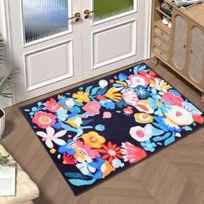 Door Mat Indoor Entrance 24" x 35.5", Non-Slip Machine Washable Boho Floral Doormat Entry Rug, Low Pile Small Area Rug for Entryway, Front Door Indoor Entrance, Black