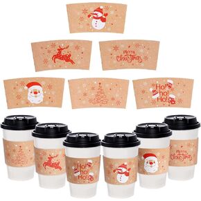 24 Packs Christmas Santa Coffee Cups Sleeves, Disposable Hot Chocolate Cocoa Cup Sleeves for 12oz 16oz Hot Drinks & Cold Beverage, Holiday Snowman Xmas Cups Thicken Paper Sleeves, 12 Designs