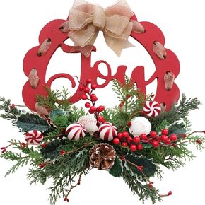 idyllic 16 Inch Red Wooden Welcome Wreath for Front Door- Handicraft Frame with Pine Needles Berries Holly Lollipop Bow Christmas Wreath with Joy Sign Ideal Winter & Spring Decoration for Indoor