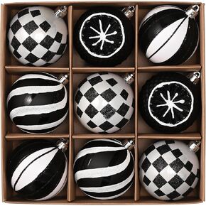 Valery Madelyn Christmas Ball Ornaments Set, 9ct Black and White Shatterproof Boho Christmas Tree Decorations, 2.76 Inch Large Modern Hanging Ornaments Bulk for Xmas Holiday Party Decor