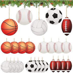 25 Pieces Christmas Sports Ball Ornaments Set Double-Sided Christmas Wooden Ball Ornaments Soccer Basketball Volleyball Hanging Xmas Wood Crafts Tree Decorations for DIY Christmas Tree Party Decor