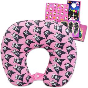 Kuromi Travel Neck Pillow for Kids - Bundle with 13" Kuromi Neck Pillow, Tattoos, Stickers, More | Sanrio Travel Accessories Set for Girls