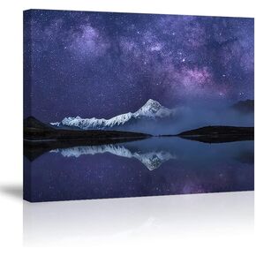 Peaceful Star Lake Landscape Wall Art For Bedroom,Starry Night Sky Over Snowy Mountain,Purple Milky Way Galaxy Scenery Decor,Giclee Canvas Print Picture, Inner Frame 12x16 Inches