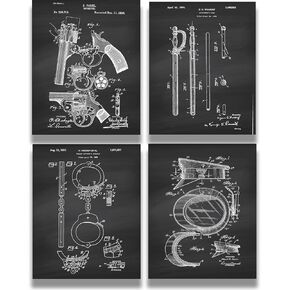 Police Patents - A Set of Four Police Gear Patents Wall Art Decor Prints with dark gray backgrounds - unframed artwork printed on photograph paper
