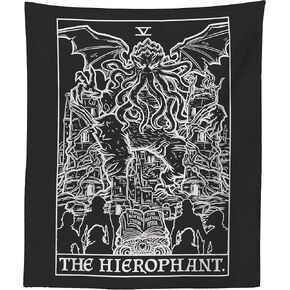 The Hierophant Tarot Card Tapestry (Black & White) - Cthulhu - Vintage Horror Home Decor Wall Hanging (60" x 50")