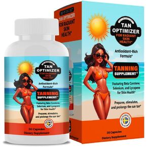 Tan Optimizer Tanning Supplement for Radiant Skin Health with Beta Carotene, Selenium, Lycopene, Vitamins & Antioxidants – 30 Capsules