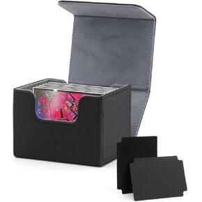 Card Deck Box for Trading Cards with 2 Dividers,Card Storage Box Fits 150+ Single Sleeved Cards,PU Leather Strong Magnet Card Deck Case Holder for YuGiOh,MTG,TCG and Sport Cards (Black&Gray)