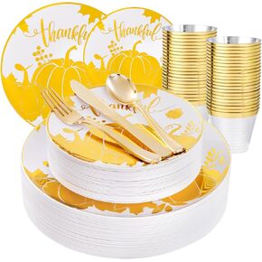PULOTE 150PCS Thanksgiving Plastic Plates Disposable - Thanksgiving Plates Dinnerware Set Include 25 Dinner Plates,25 Dessert Plates,25 Knives,25 Forks,25 Spoons,25 Cups for Thanksgiving