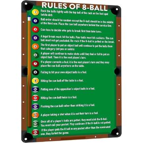 HYBLOM Classic Game Room Wall Art Tin Poster for Billiards Lovers - Vintage Rules Of 8-Ball Metal Sign, Retro Club, Billiards Room & Man Cave Decor 8x12 Inches